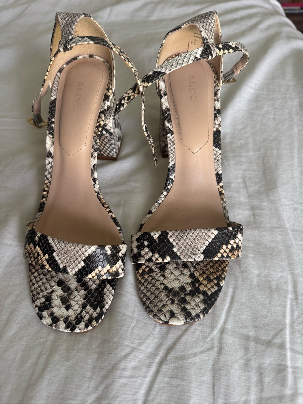 Aldo Black, Cream & Brown Snake-Print Block Heel Sandals